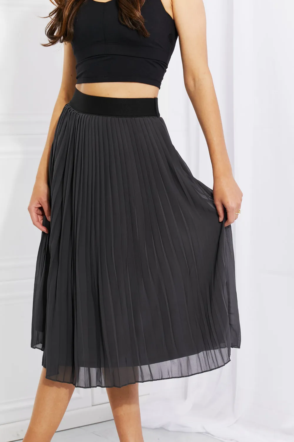 Romantic At Heart Pleated Chiffon Midi Skirt in Dark Grey