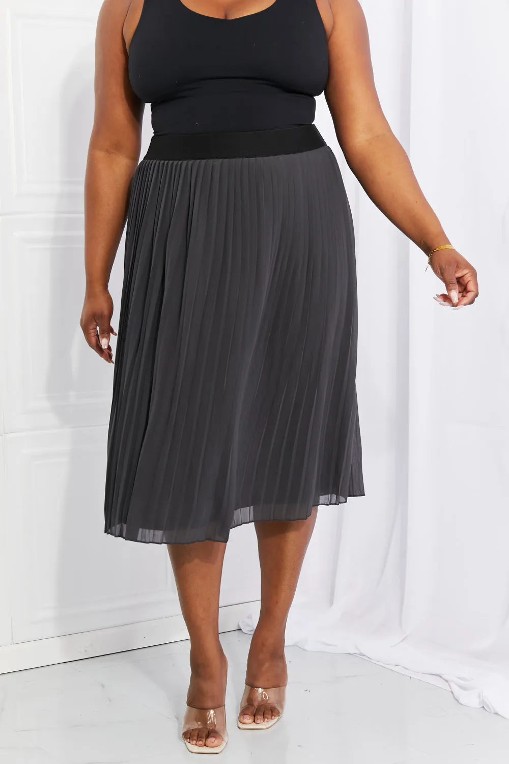 Romantic At Heart Pleated Chiffon Midi Skirt in Dark Grey