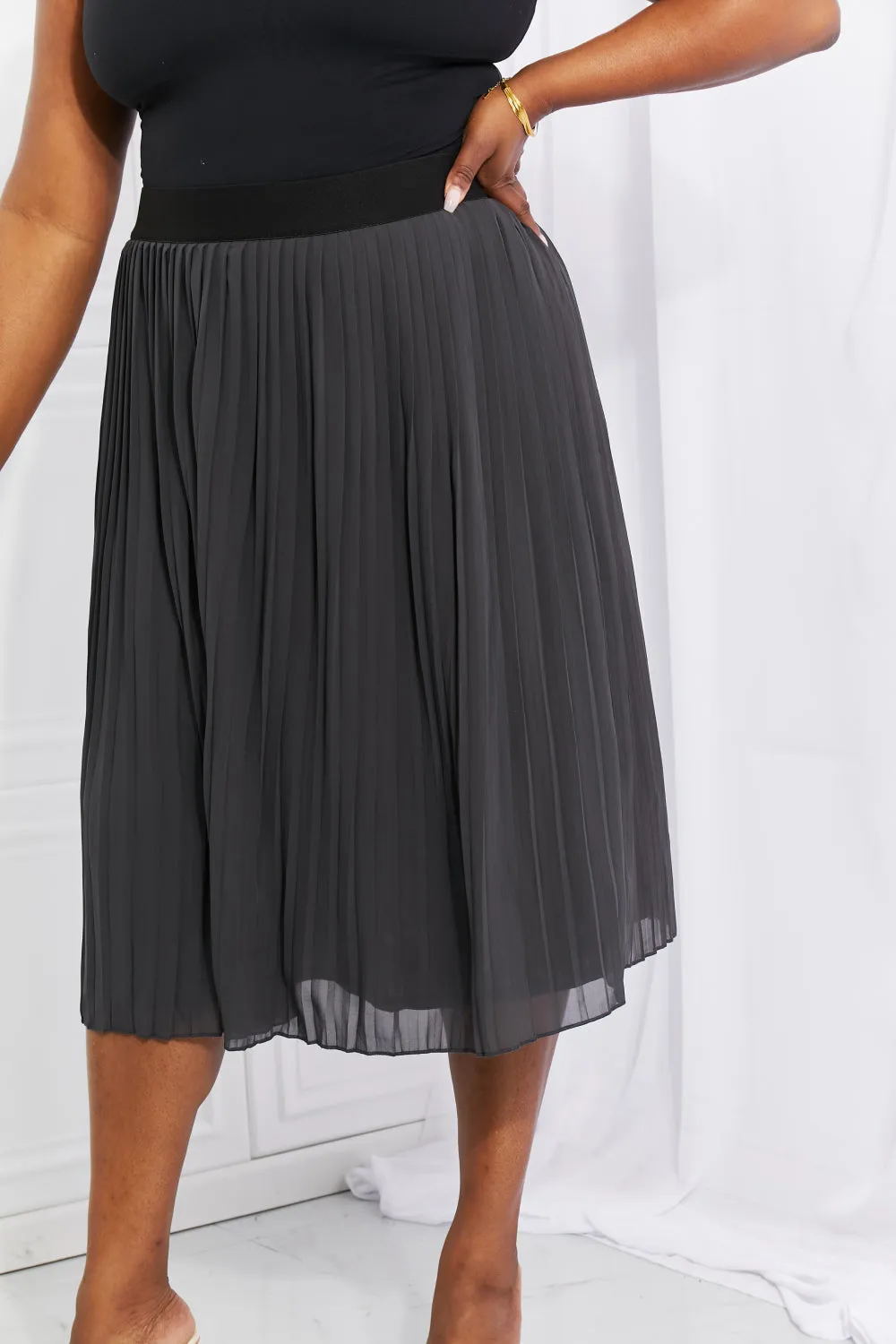 Romantic At Heart Pleated Chiffon Midi Skirt in Dark Grey