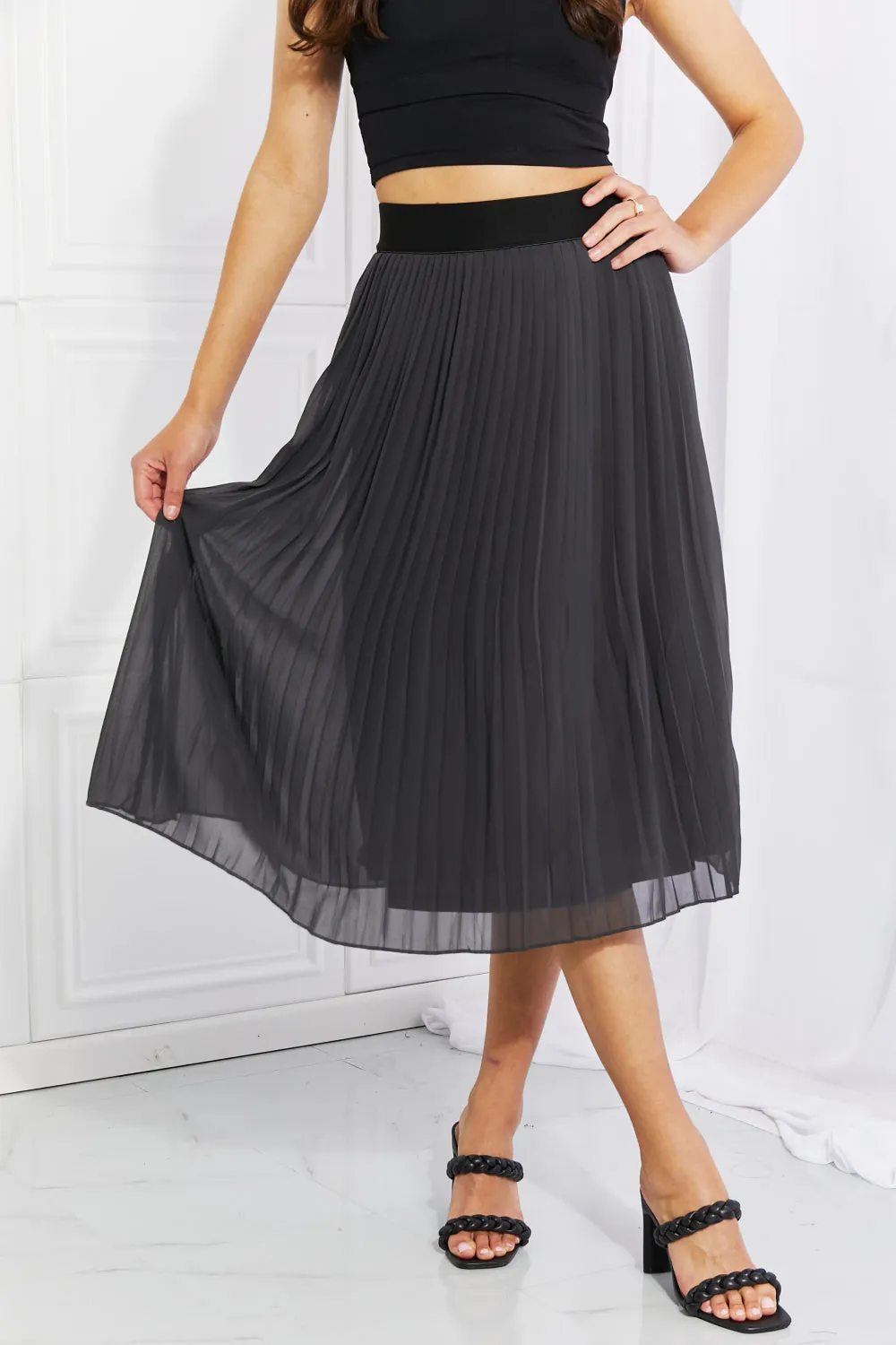 Romantic At Heart Pleated Chiffon Midi Skirt in Dark Grey