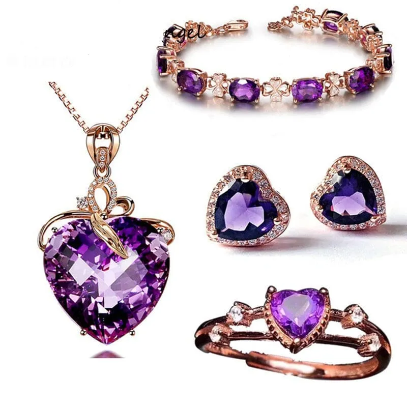 Romantic Heart Shaped Amethyst Gemstone Jewelry Set