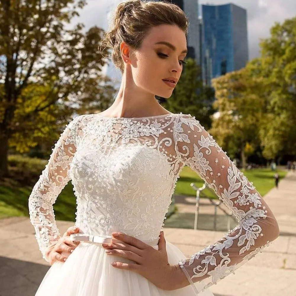 Romantic Illusion Lace Long Sleeves Ball Gown Wedding Dress