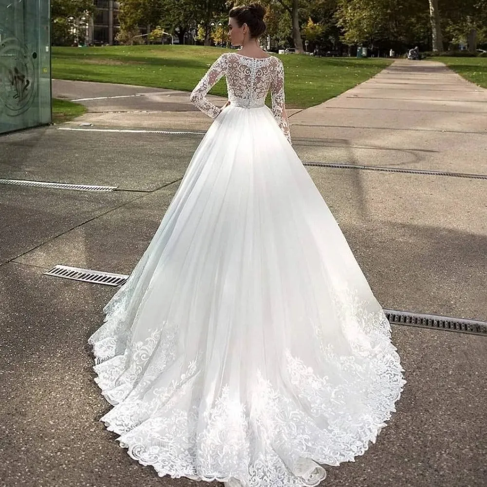 Romantic Illusion Lace Long Sleeves Ball Gown Wedding Dress