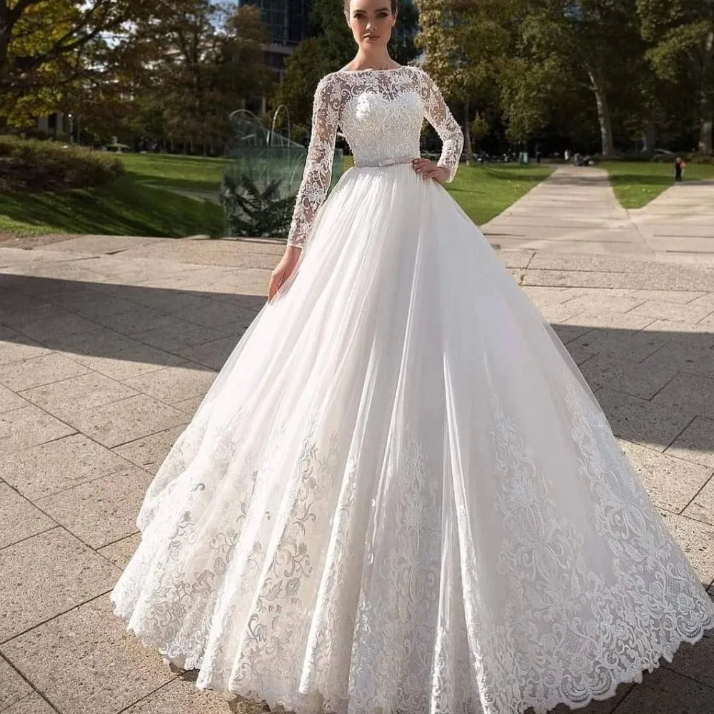 Romantic Illusion Lace Long Sleeves Ball Gown Wedding Dress