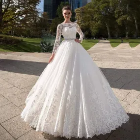 Romantic Illusion Lace Long Sleeves Ball Gown Wedding Dress