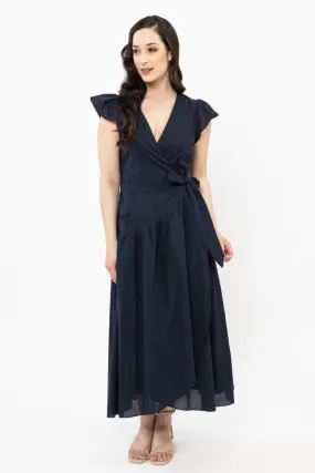 Romantic Navy Poplin Flutter Sleeve Maxi Wrap Dress