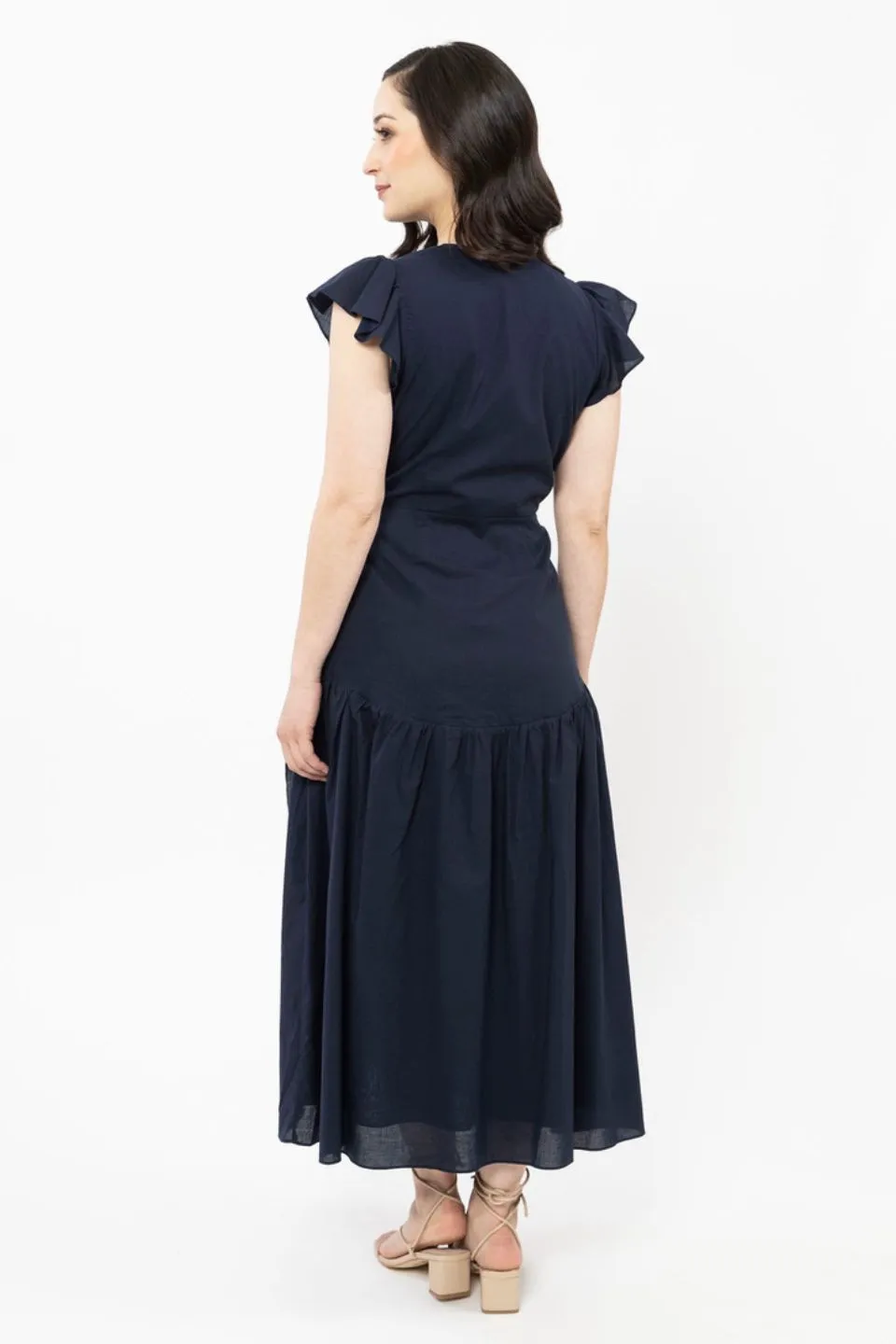 Romantic Navy Poplin Flutter Sleeve Maxi Wrap Dress