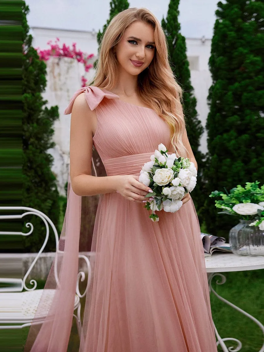 Romantic One Shoulder Bowknot Streamer Tulle A-Line Bridesmaid Dress