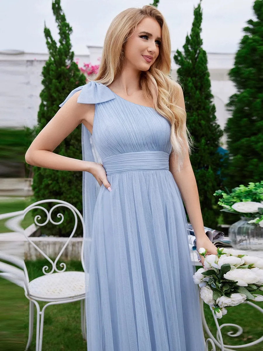 Romantic One Shoulder Bowknot Streamer Tulle A-Line Bridesmaid Dress