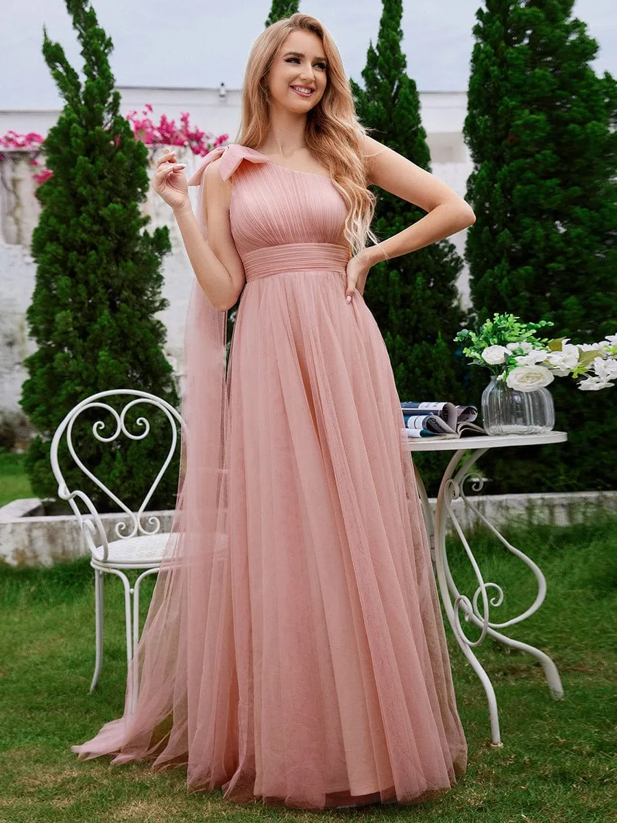 Romantic One Shoulder Bowknot Streamer Tulle A-Line Bridesmaid Dress