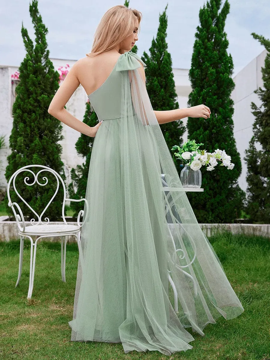 Romantic One Shoulder Bowknot Streamer Tulle A-Line Bridesmaid Dress