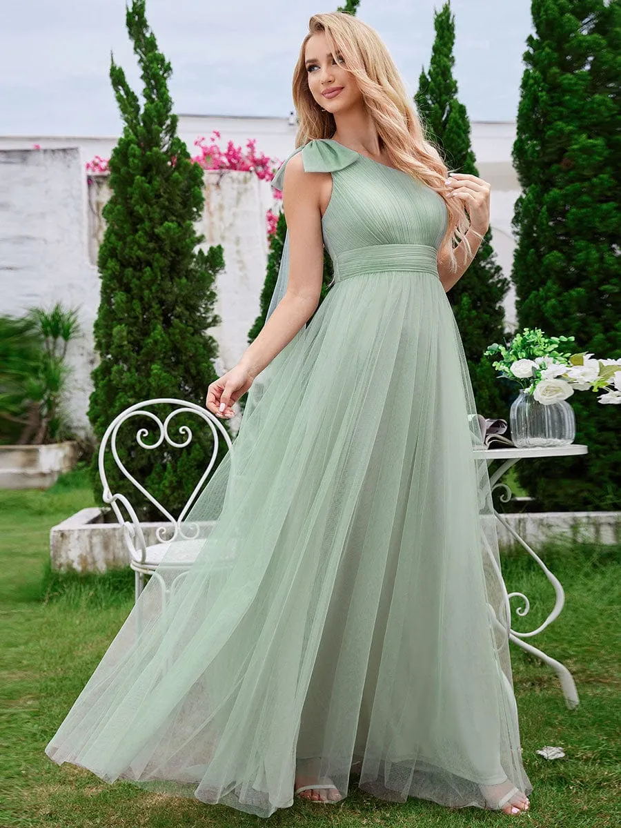 Romantic One Shoulder Bowknot Streamer Tulle A-Line Bridesmaid Dress