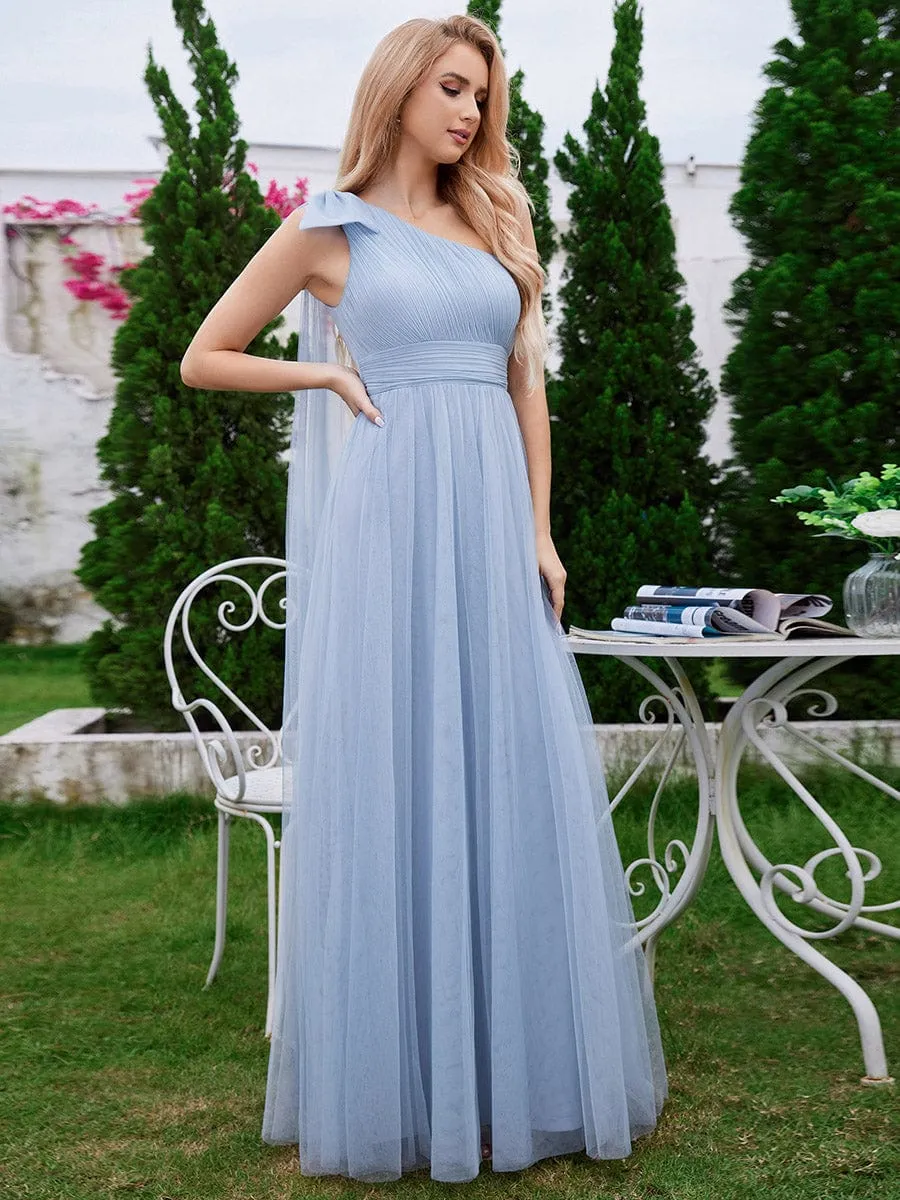 Romantic One Shoulder Bowknot Streamer Tulle A-Line Bridesmaid Dress