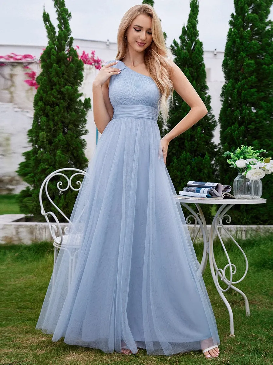 Romantic One Shoulder Bowknot Streamer Tulle A-Line Bridesmaid Dress