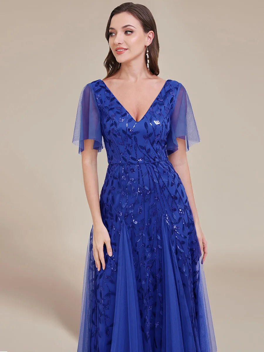 Romantic Shimmery V Neck Ruffle Sleeves Maxi Long Evening Gowns