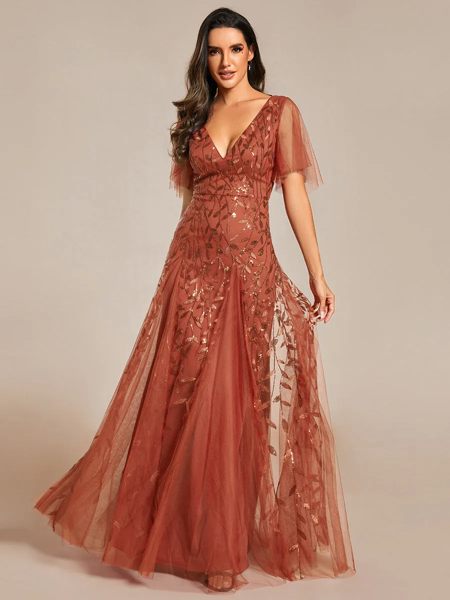 Romantic Shimmery V Neck Ruffle Sleeves Maxi Long Evening Gowns