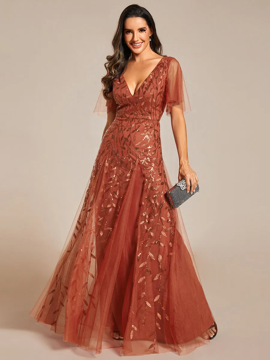 Romantic Shimmery V Neck Ruffle Sleeves Maxi Long Evening Gowns