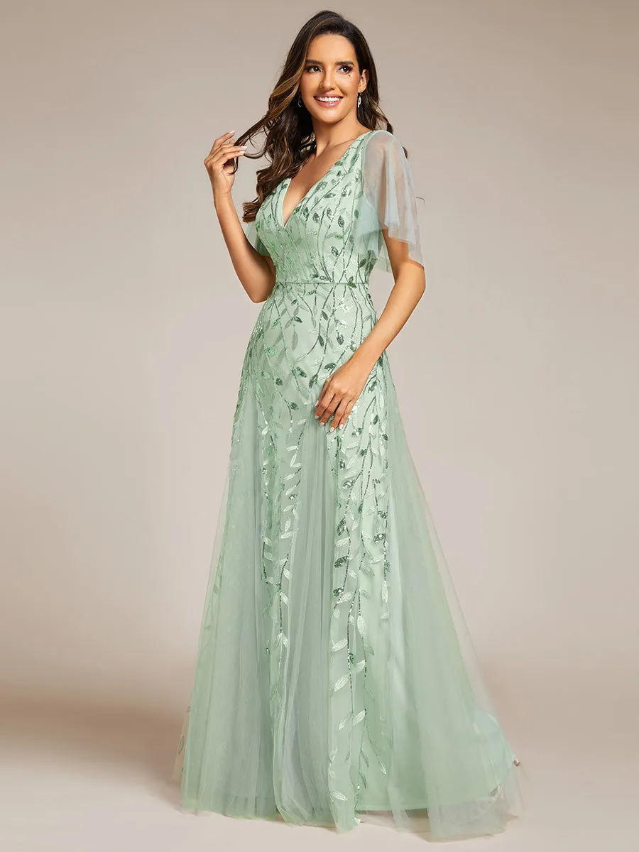 Romantic Shimmery V Neck Ruffle Sleeves Maxi Long Evening Gowns