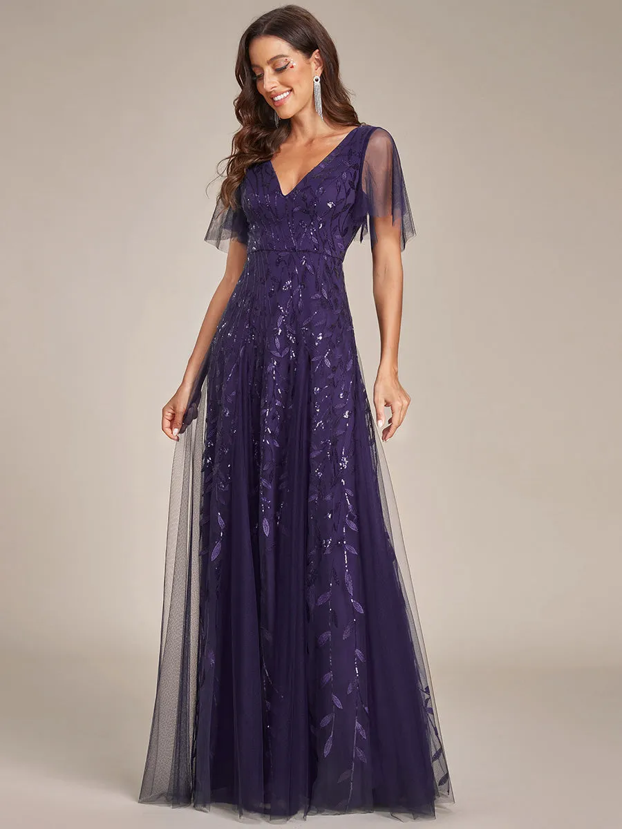 Romantic Shimmery V Neck Ruffle Sleeves Maxi Long Evening Gowns