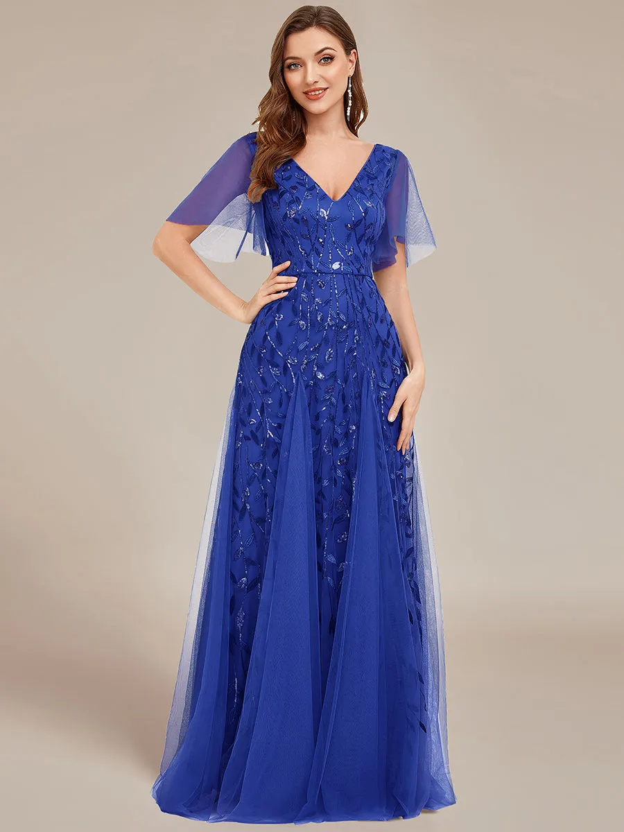 Romantic Shimmery V Neck Ruffle Sleeves Maxi Long Evening Gowns