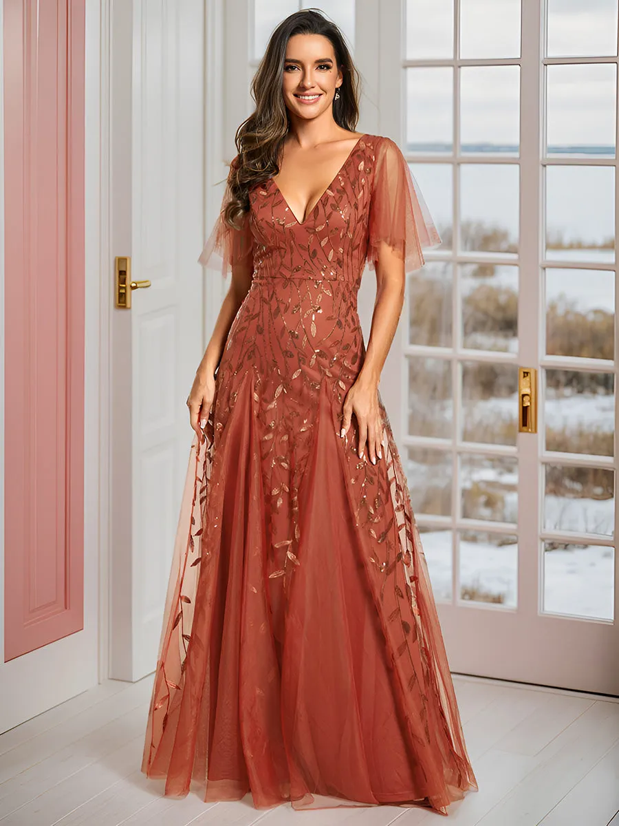 Romantic Shimmery V Neck Ruffle Sleeves Maxi Long Evening Gowns