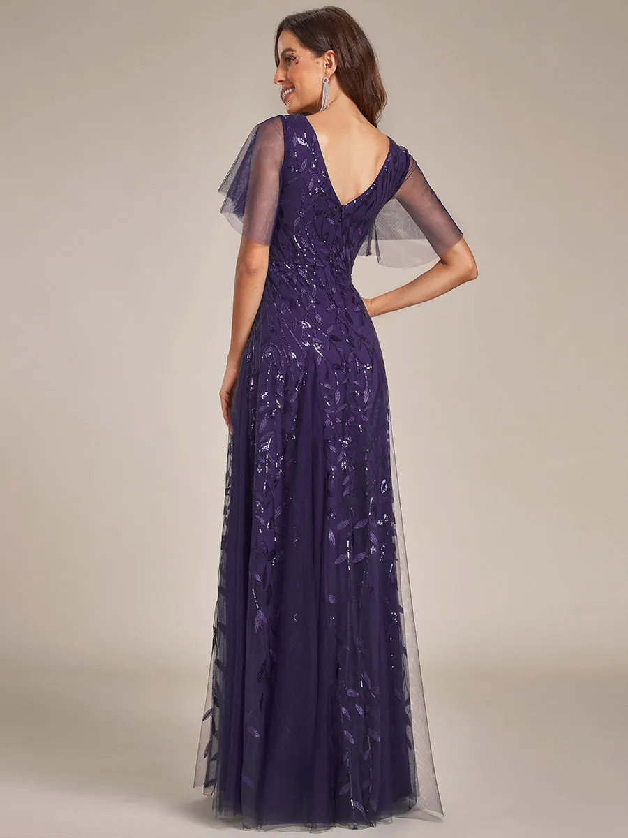 Romantic Shimmery V Neck Ruffle Sleeves Maxi Long Evening Gowns