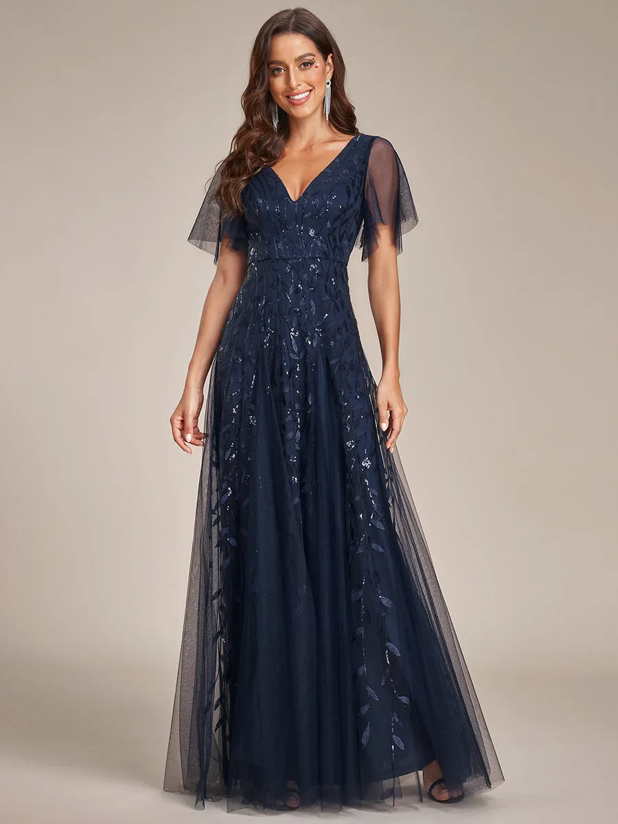 Romantic Shimmery V Neck Ruffle Sleeves Maxi Long Evening Gowns