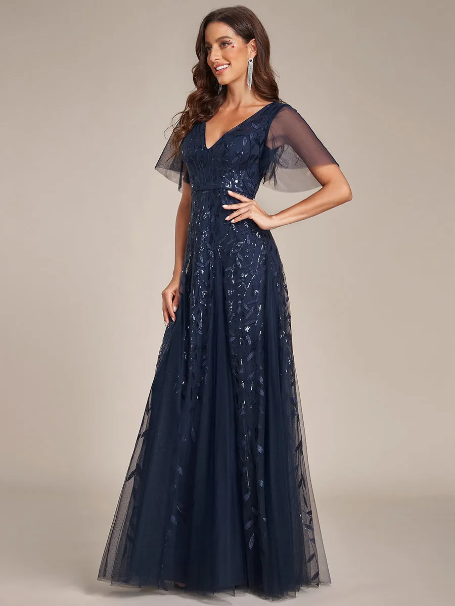 Romantic Shimmery V Neck Ruffle Sleeves Maxi Long Evening Gowns