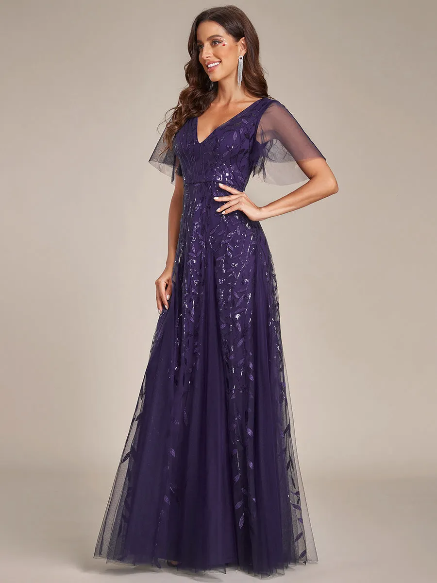 Romantic Shimmery V Neck Ruffle Sleeves Maxi Long Evening Gowns