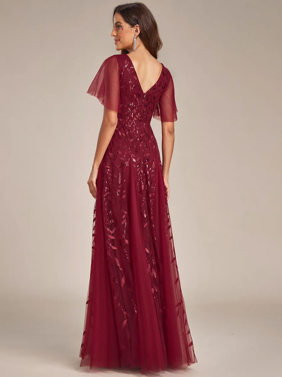 Romantic Shimmery V Neck Ruffle Sleeves Maxi Long Evening Gowns