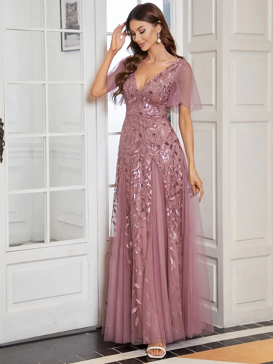 Romantic Shimmery V Neck Ruffle Sleeves Maxi Long Evening Gowns