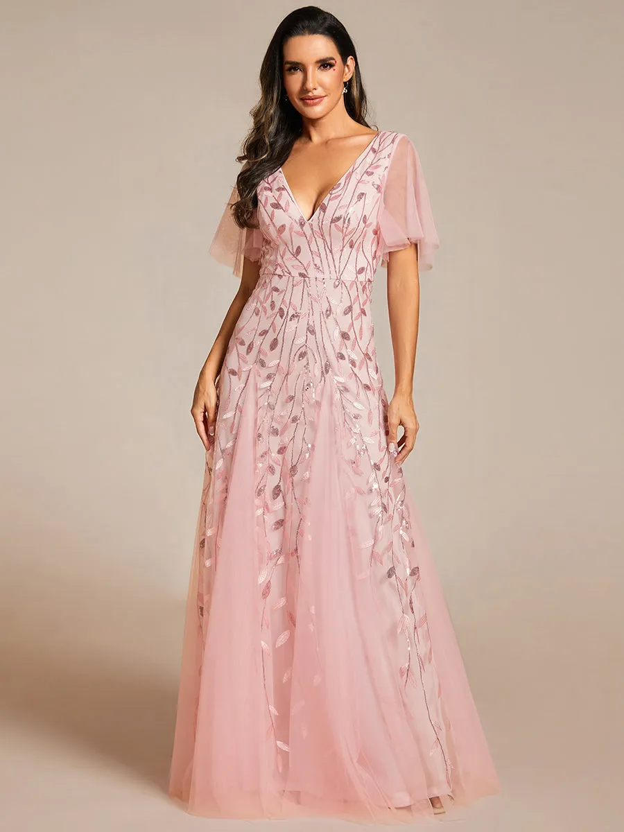 Romantic Shimmery V Neck Ruffle Sleeves Maxi Long Evening Gowns