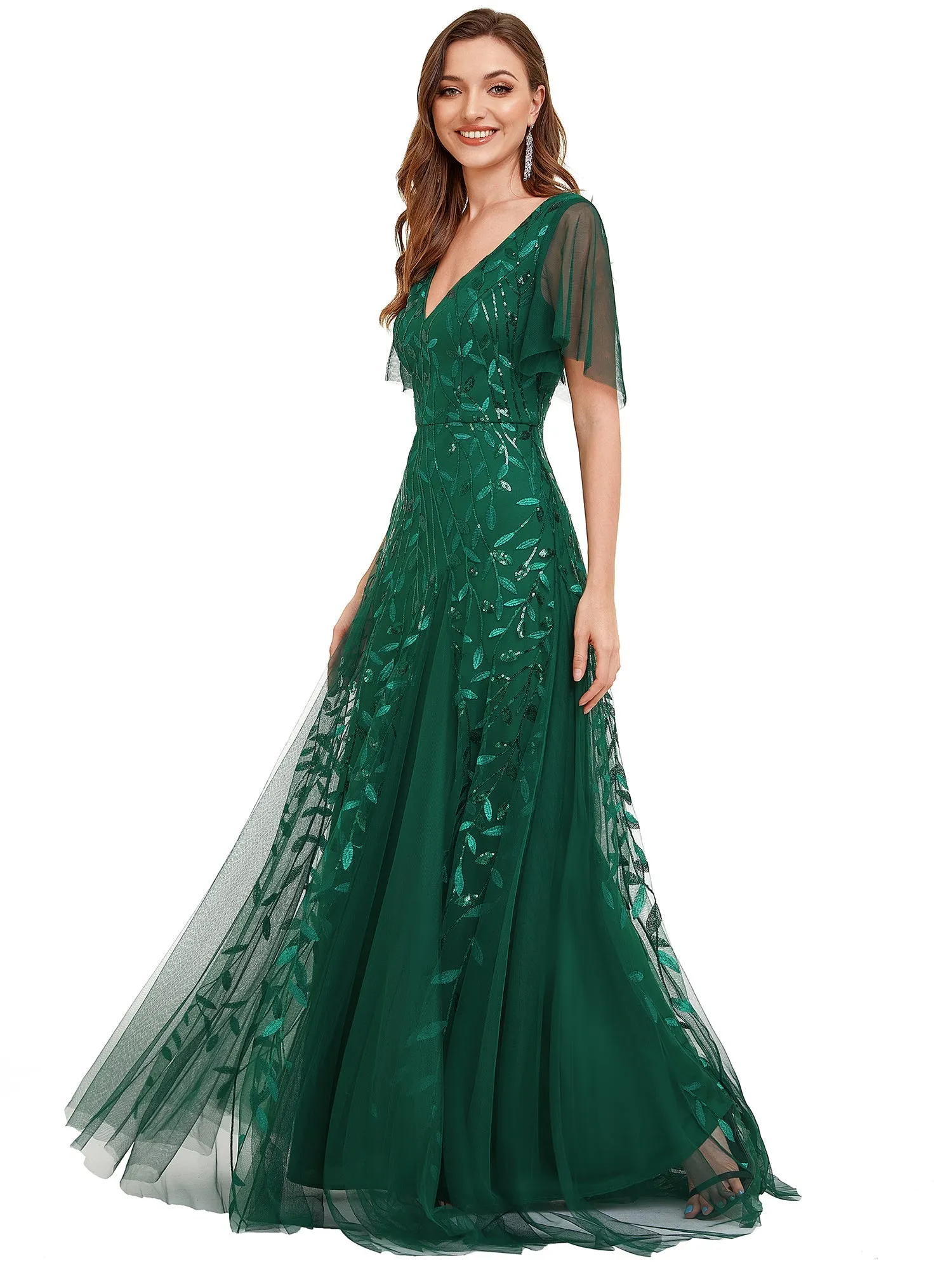 Romantic Shimmery V Neck Ruffle Sleeves Maxi Long Evening Gowns