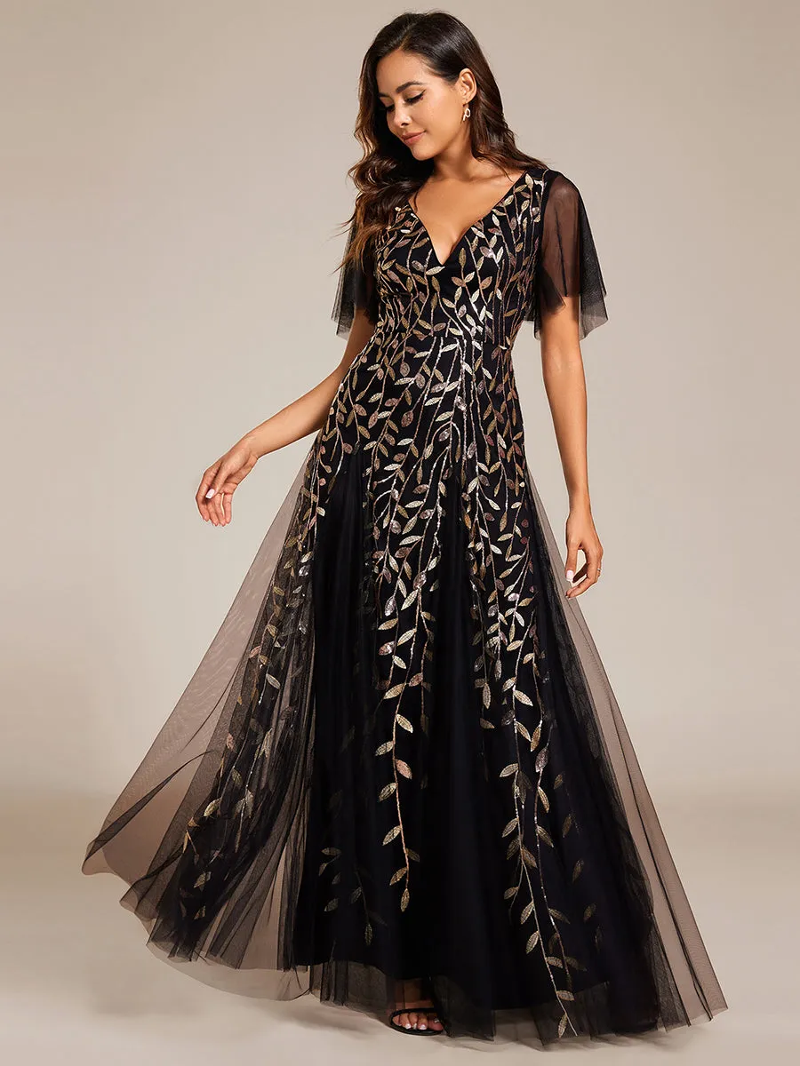 Romantic Shimmery V Neck Ruffle Sleeves Maxi Long Evening Gowns