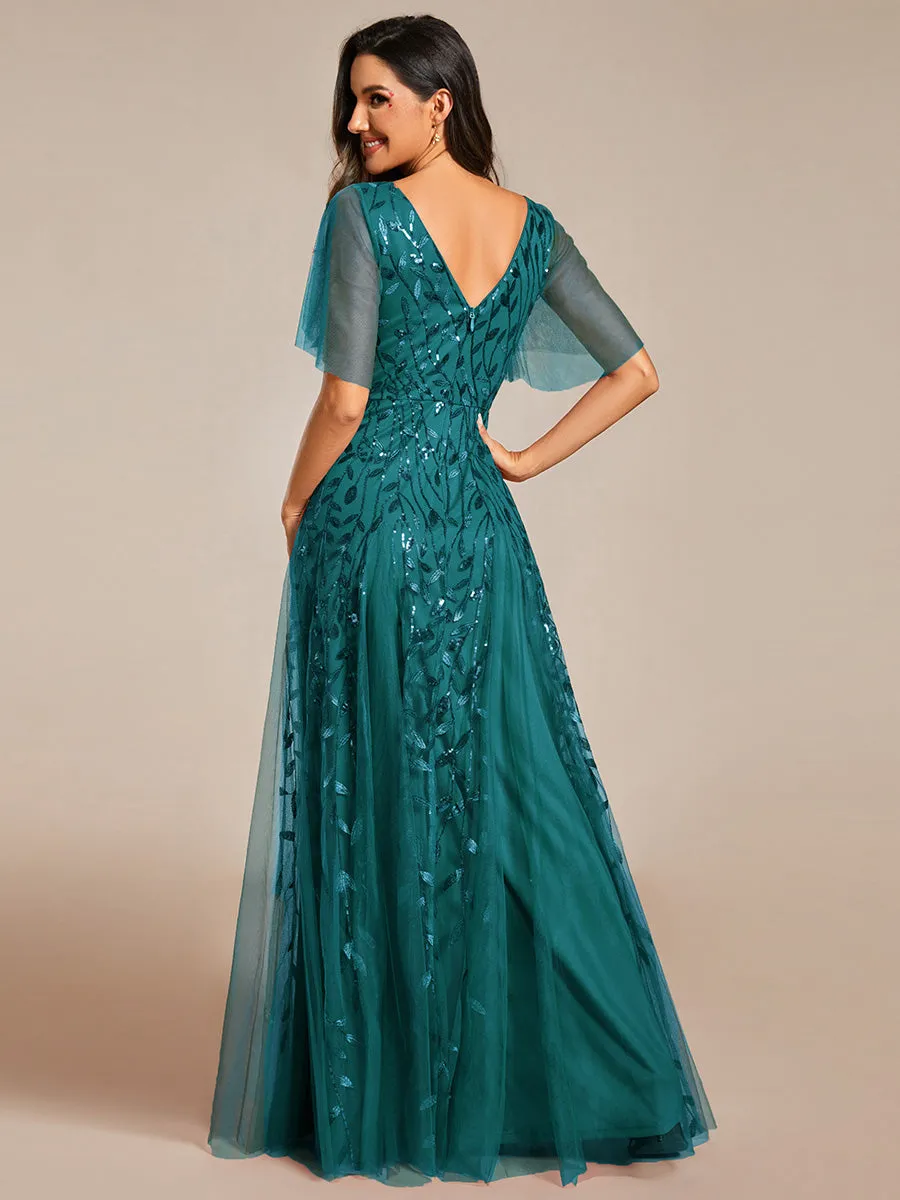 Romantic Shimmery V Neck Ruffle Sleeves Maxi Long Evening Gowns