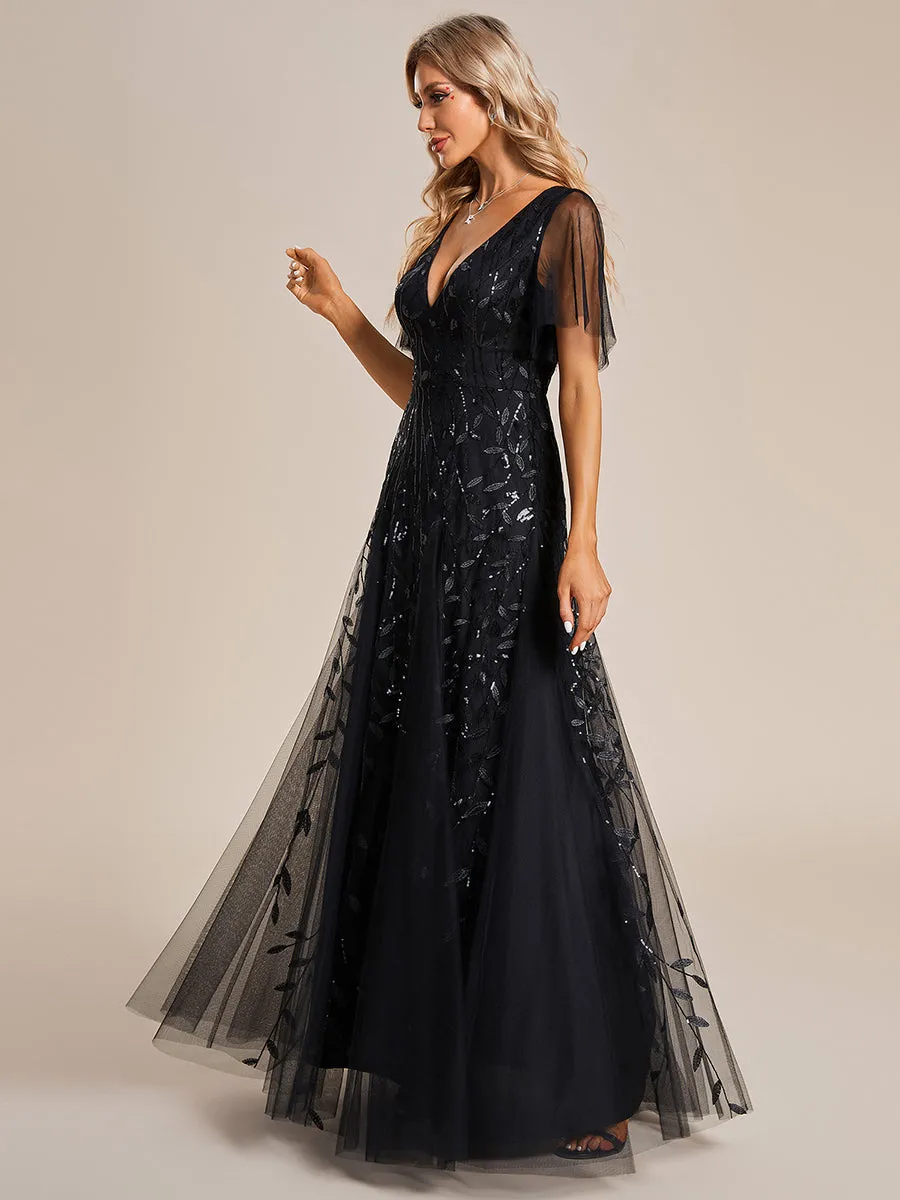 Romantic Shimmery V Neck Ruffle Sleeves Maxi Long Evening Gowns