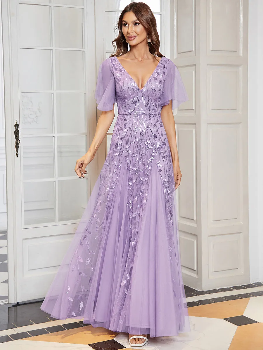 Romantic Shimmery V Neck Ruffle Sleeves Maxi Long Evening Gowns