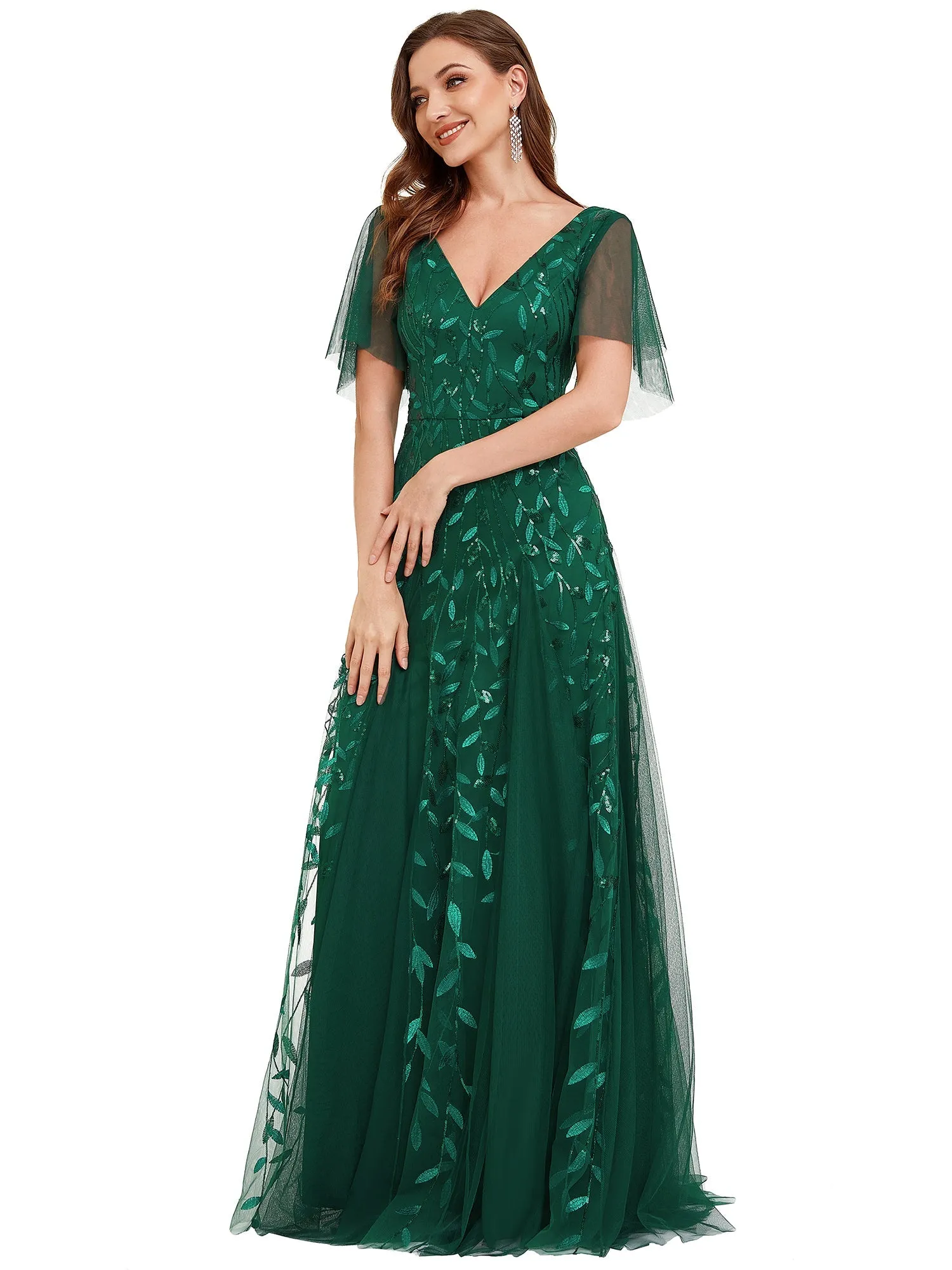 Romantic Shimmery V Neck Ruffle Sleeves Maxi Long Evening Gowns