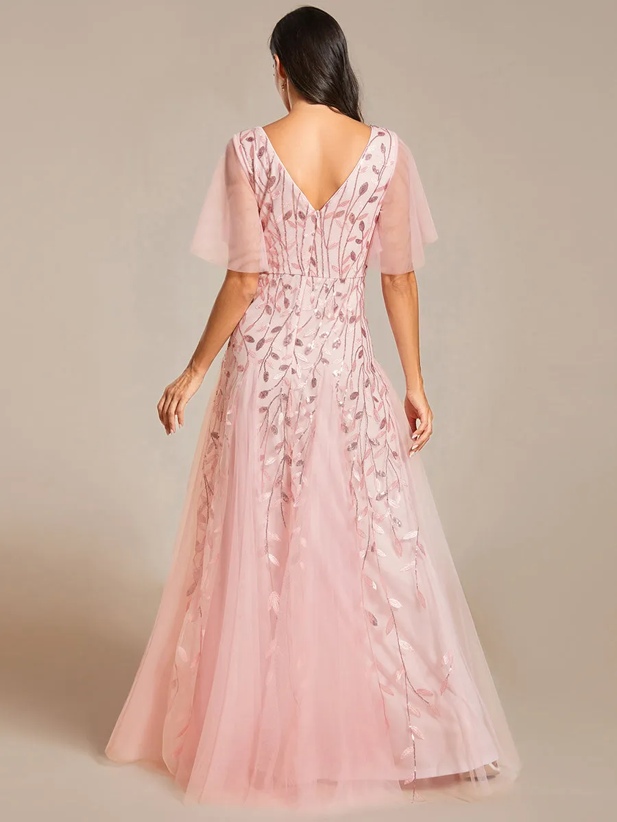 Romantic Shimmery V Neck Ruffle Sleeves Maxi Long Evening Gowns