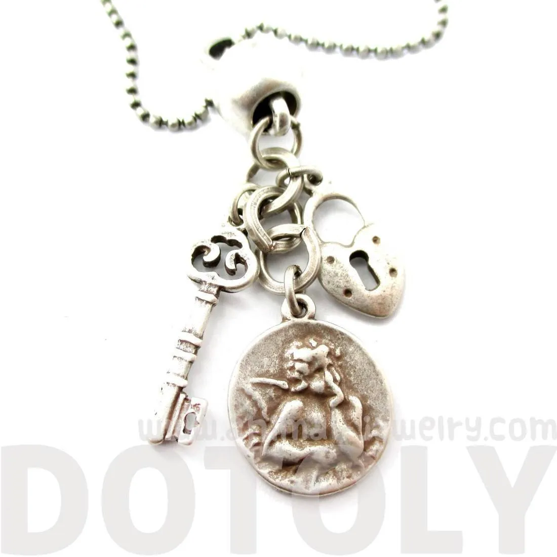 Romantic Themed Skeleton Key Heart Shaped Lock and Angel Coin Shaped Charm Necklace in Silver