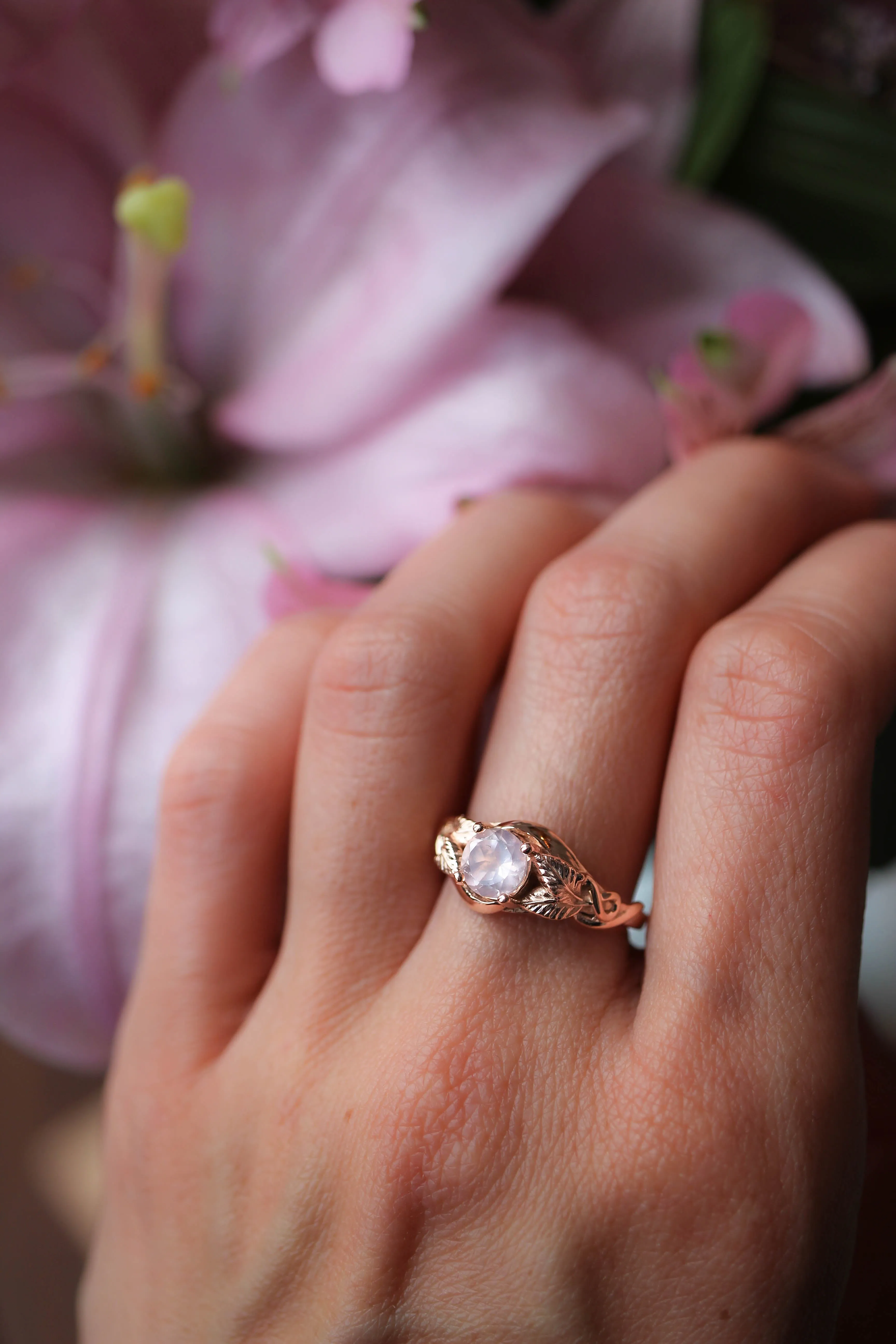 Rose quartz romantic engagement ring / Azalea