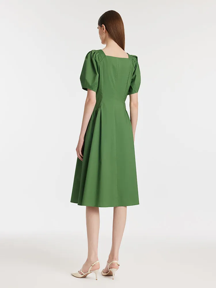 Square Neck Puff Sleeves Women Midi Dress