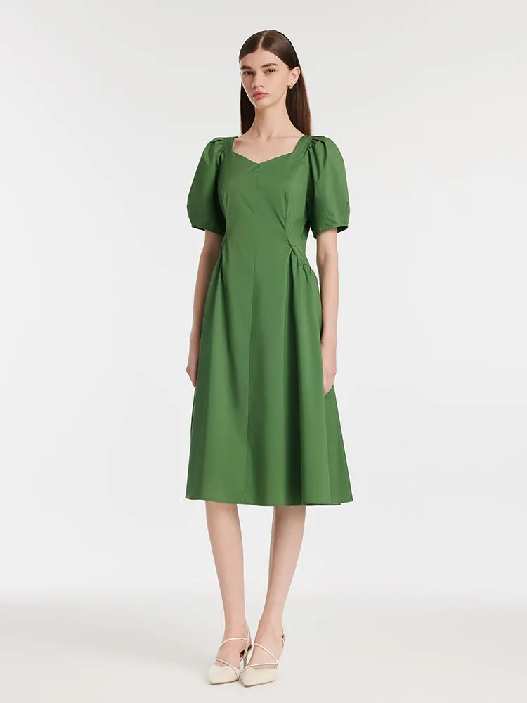 Square Neck Puff Sleeves Women Midi Dress