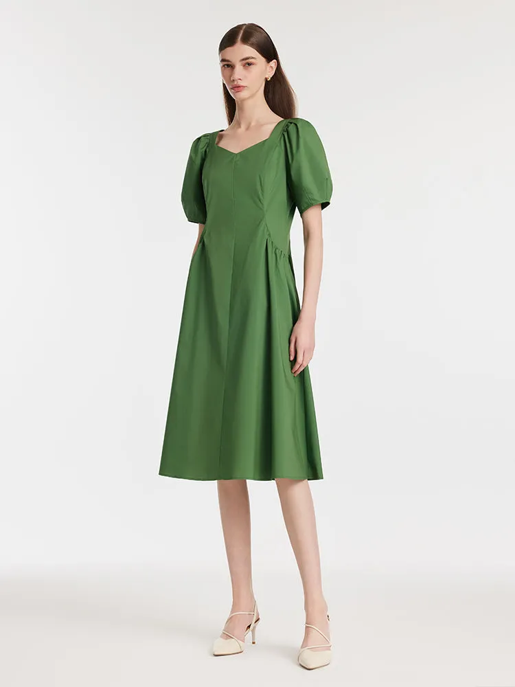 Square Neck Puff Sleeves Women Midi Dress