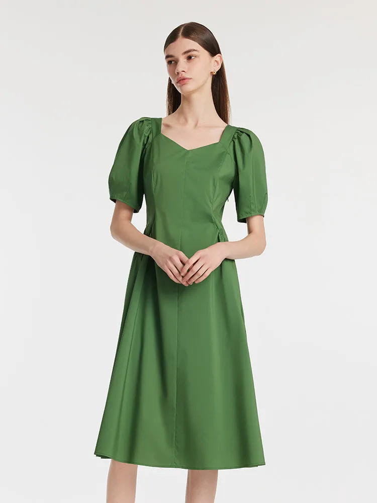 Square Neck Puff Sleeves Women Midi Dress