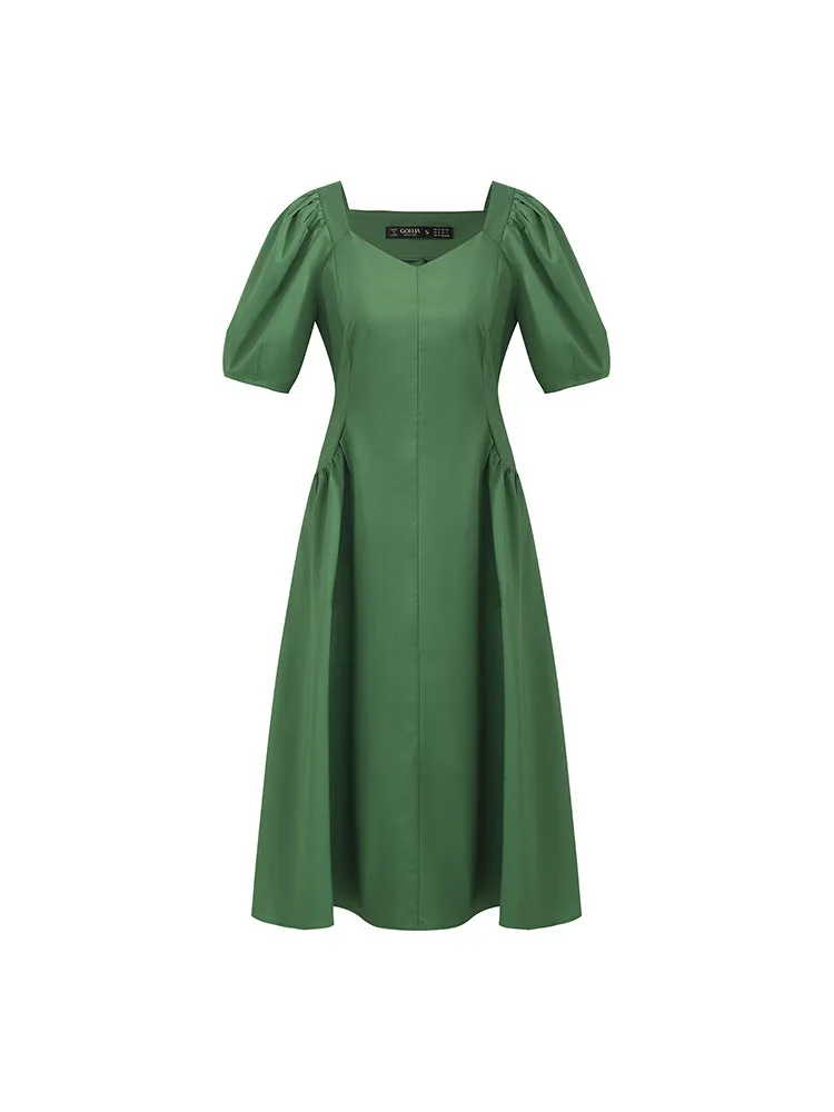 Square Neck Puff Sleeves Women Midi Dress