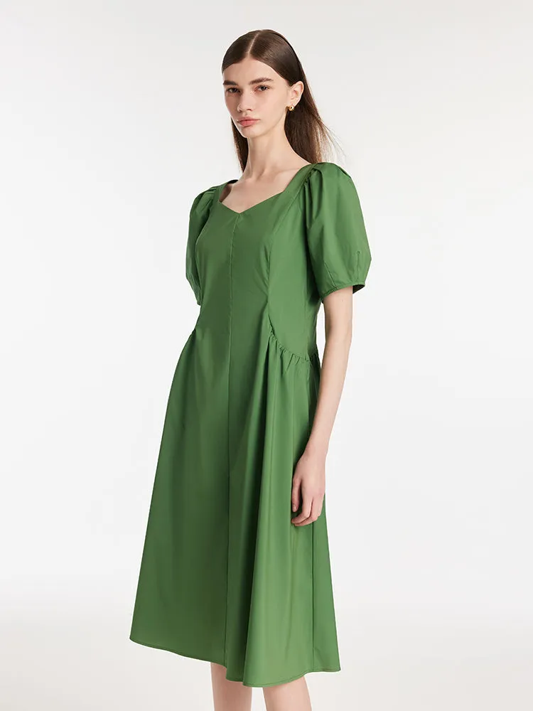 Square Neck Puff Sleeves Women Midi Dress