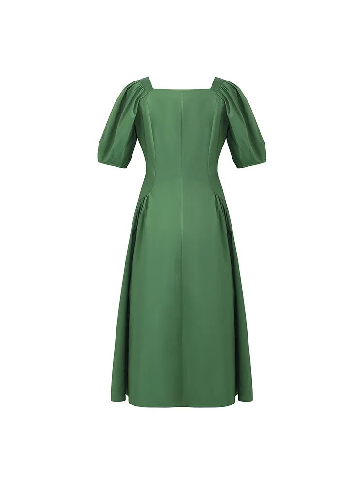 Square Neck Puff Sleeves Women Midi Dress