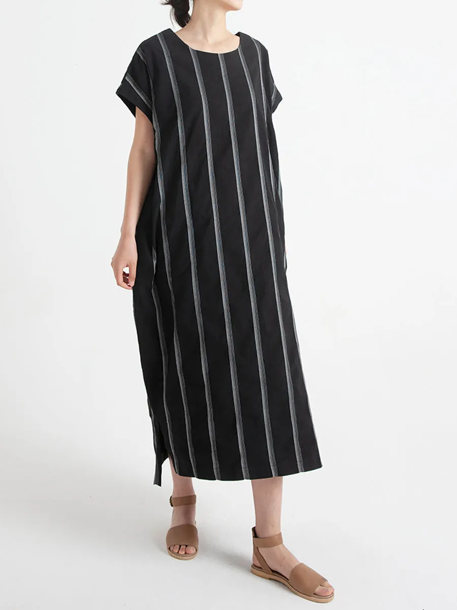 Stripe Cotton O Neck Summer Casual Loose Dress