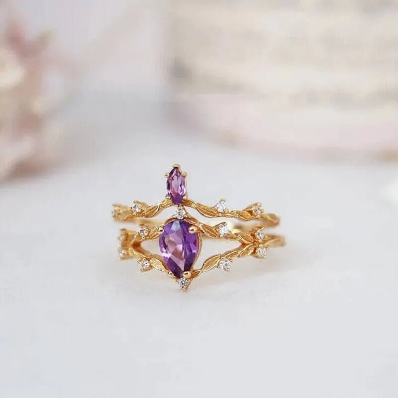 Vintage Amethyst Romantic Silver Set Diamond Stacked Adjustable Ring